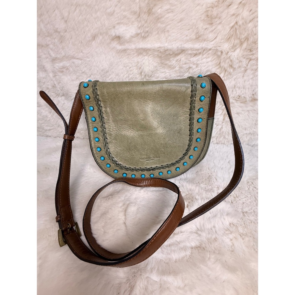 Tignanello Leather Crossbody Bag Sage Green Brown Turquoise Studded Boho A292859